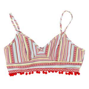 Boho Festival Red Crop Top Halter Adjustable Straps Pom Pom Fringe Zips Large